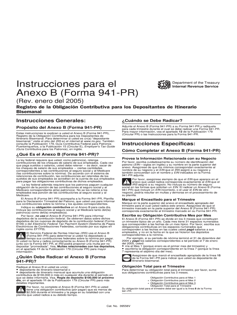 Instructions for Form 941 Schedule B PR Rev January  Registro De La Obligaci on Contributiva Para Los Depositantes D