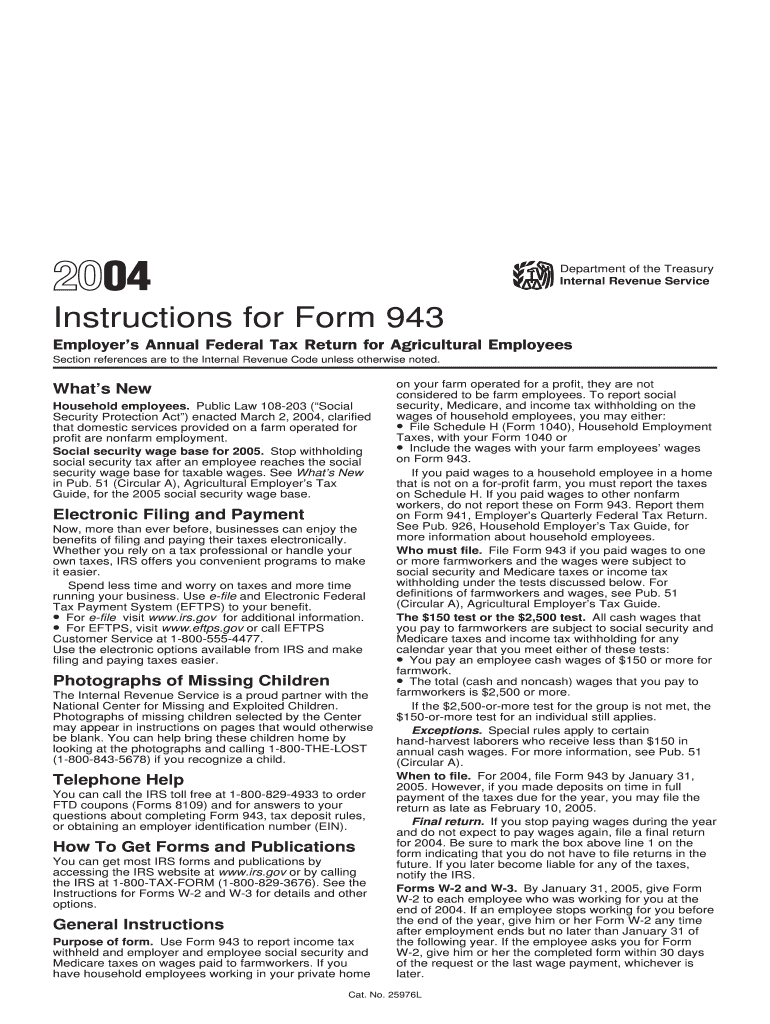 Instructions for Form 943 Instructions to Form 943 Employers Annual Tax Return for Agricultural Employees