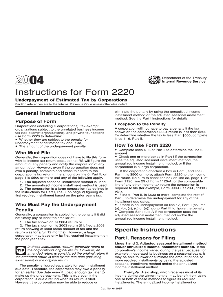 Instructions for Form 2220 Underpayment of Estimated Tax by Corporations