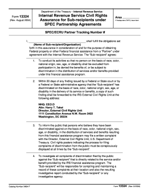 Form 13324 Rev September Internal Revenue Service Civil Rights Assurance for Sub Recipients under SPEC Partnership Agreements