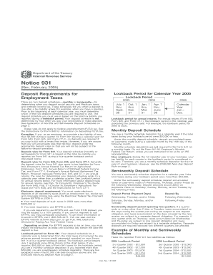 Notice 931 Rev February Deposit Requirements for Employment Taxes  Form