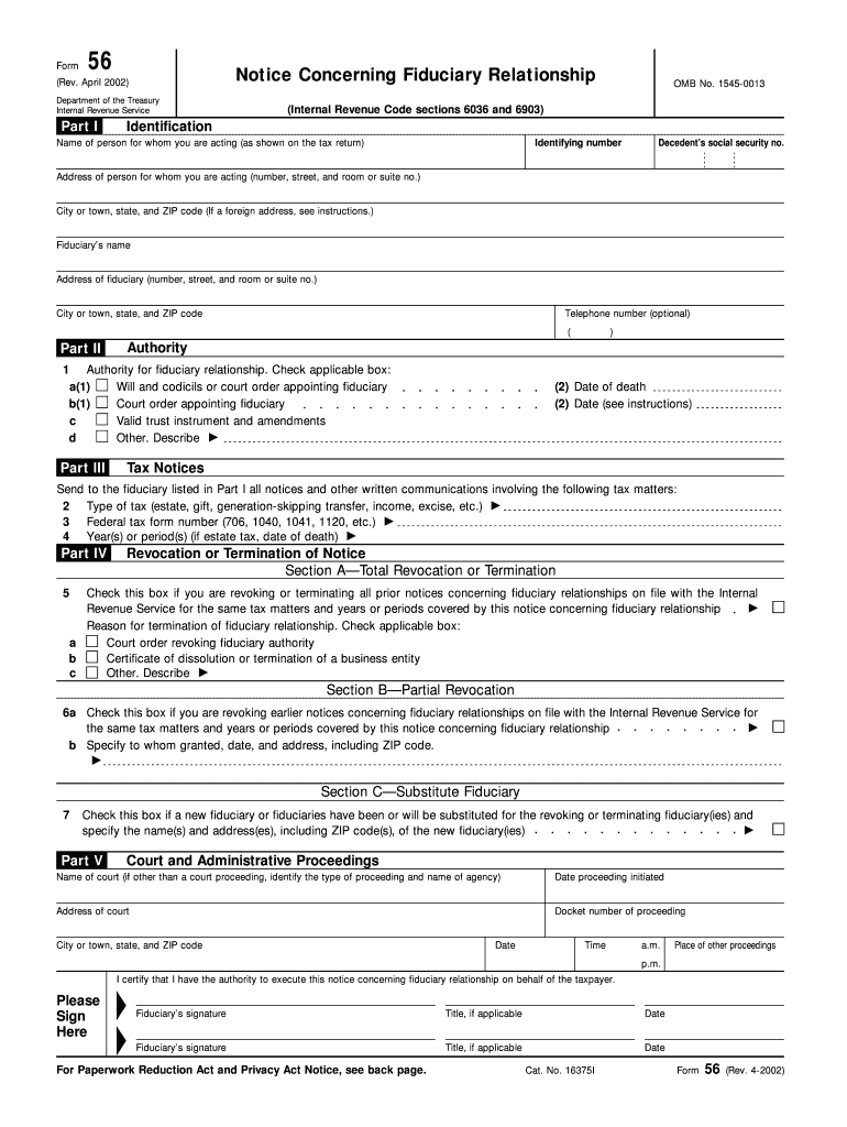 Form 56 Rev April Fill in Version Notice Concerning Fiduciary Relationship