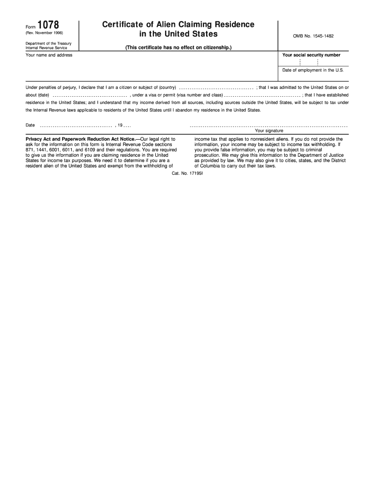 Form 1078 Rev November Fill in Version Certificate of Alien Claiming Residence in the U S