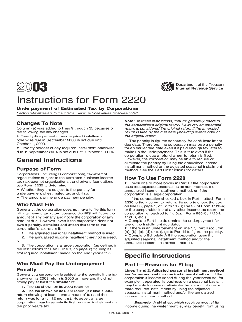 Instructions for Form 2220 Underpayment of Estimated Tax by Corporations