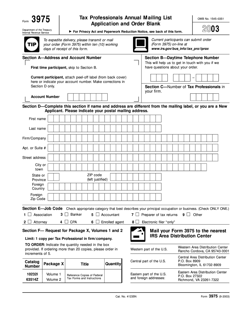 Form 3975 Fill in Version Tax Professionals Annual Mailing List Application and Order Blank