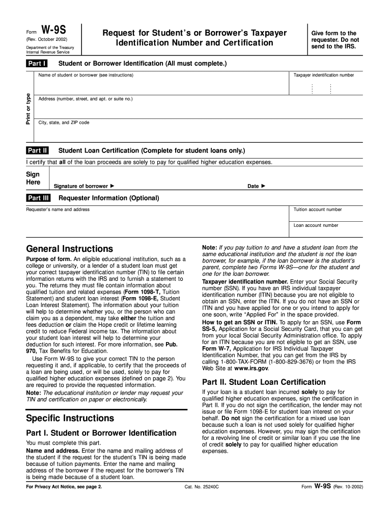Form W 9S Rev October Fill in Version Request for Student&#039;s or Borrower&#039;s Social Security Number and Certification
