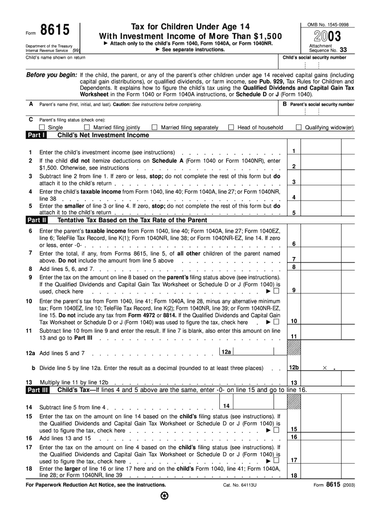 Form 8615 Tax for Children under Age 14 Who Have Investment Income of More Than $1,400