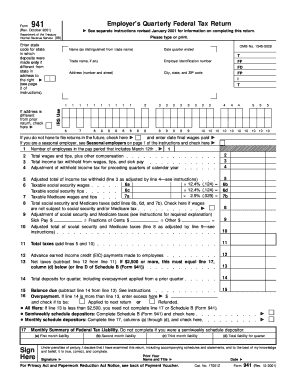 October Department of the Treasury Internal Revenue Service 99 941 Employer&#039;s Quarterly Federal Tax Return See Separate Ins  Form