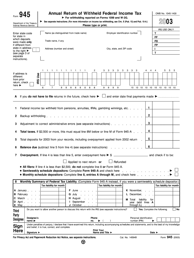 Form 945 Annual Return of Withheld Federal Income Tax for Withholding Reported on Forms 1099 and W 2G