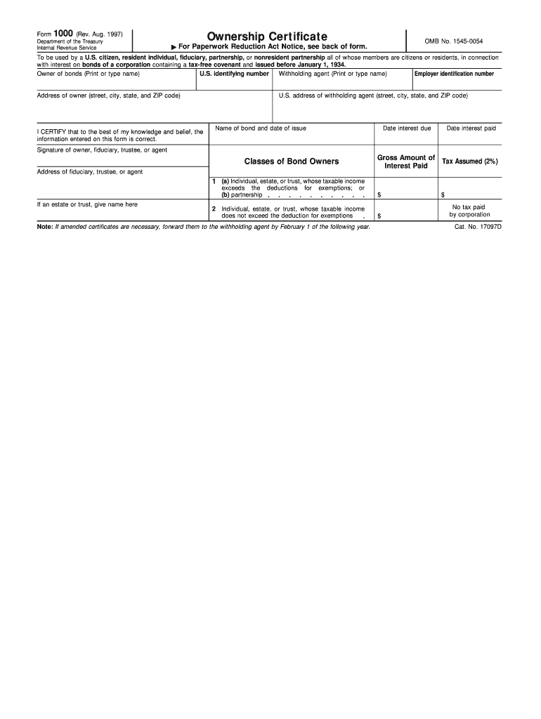 Department of the Treasury Internal Revenue Service Ownership Certificate for Paperwork Reduction Act Notice, See Back of Form
