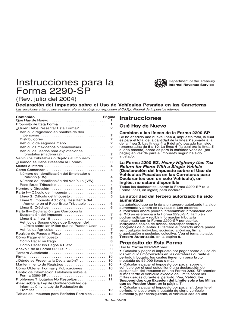 Instructions for Form 2290 SP Rev July Declaracion Del Impuesto Sobre El Uso De Vehiculos Pesados En Las Carreteras