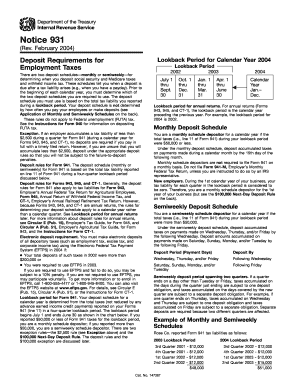 Notice 931 Rev February Deposit Requirements for Employment Taxes  Form