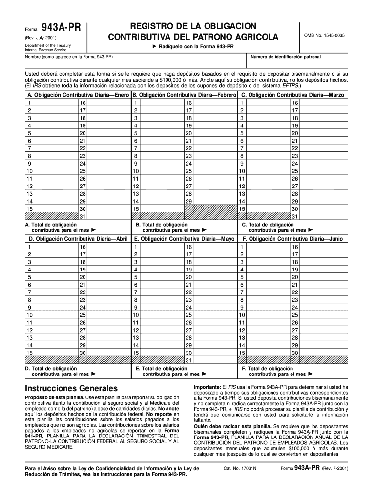 Form 943A PR Rev July Registro De La Obligation Contributiva Del Patrono Agricola