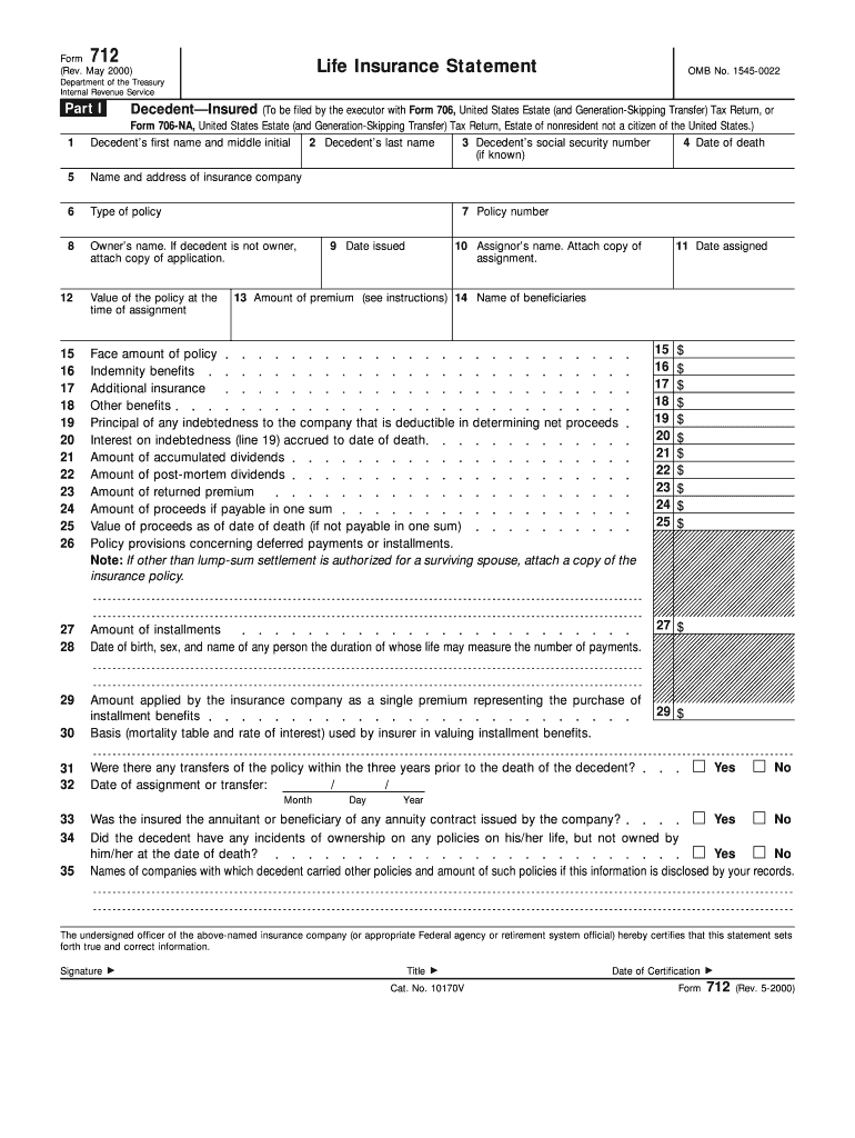 Form 712 Rev May Fill in Version Life Insurance Statement