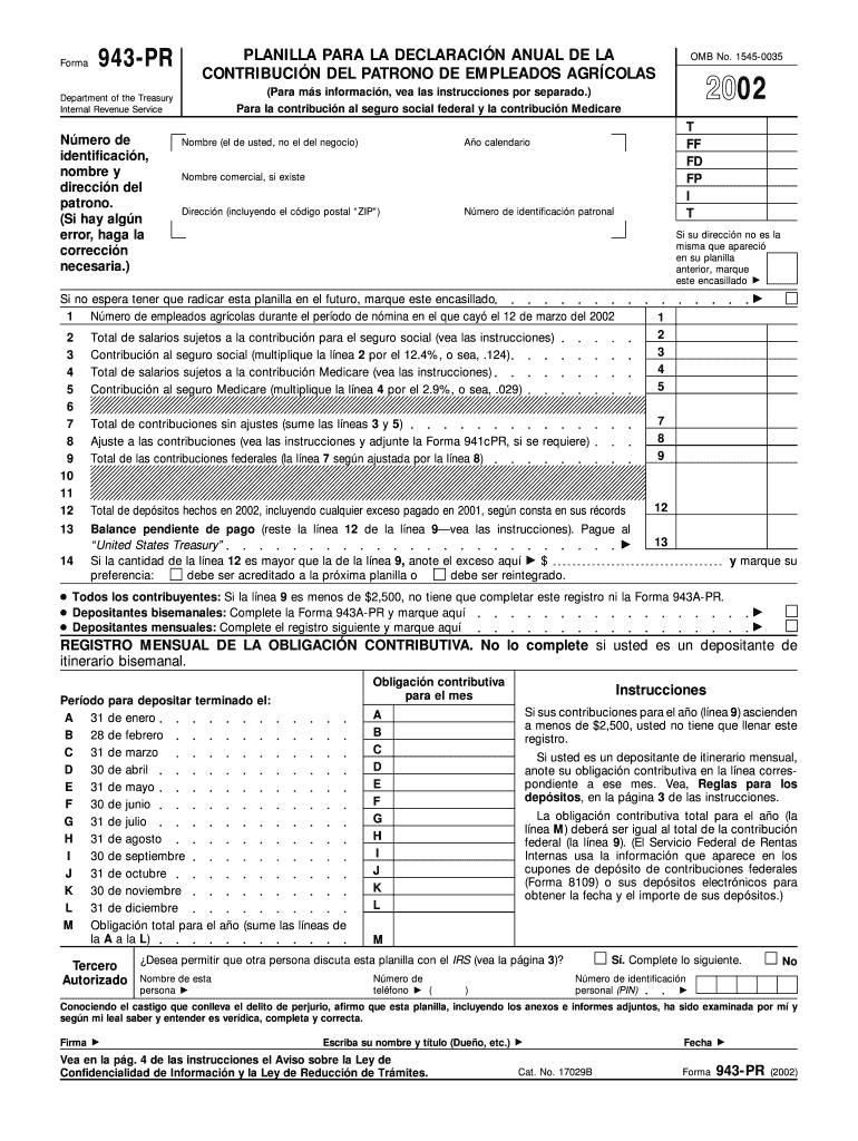 Form 943 PR Fill in Version Planilla Para La Declaracion Anual De La Contribucion Del Patrono De Empleados Agricolas