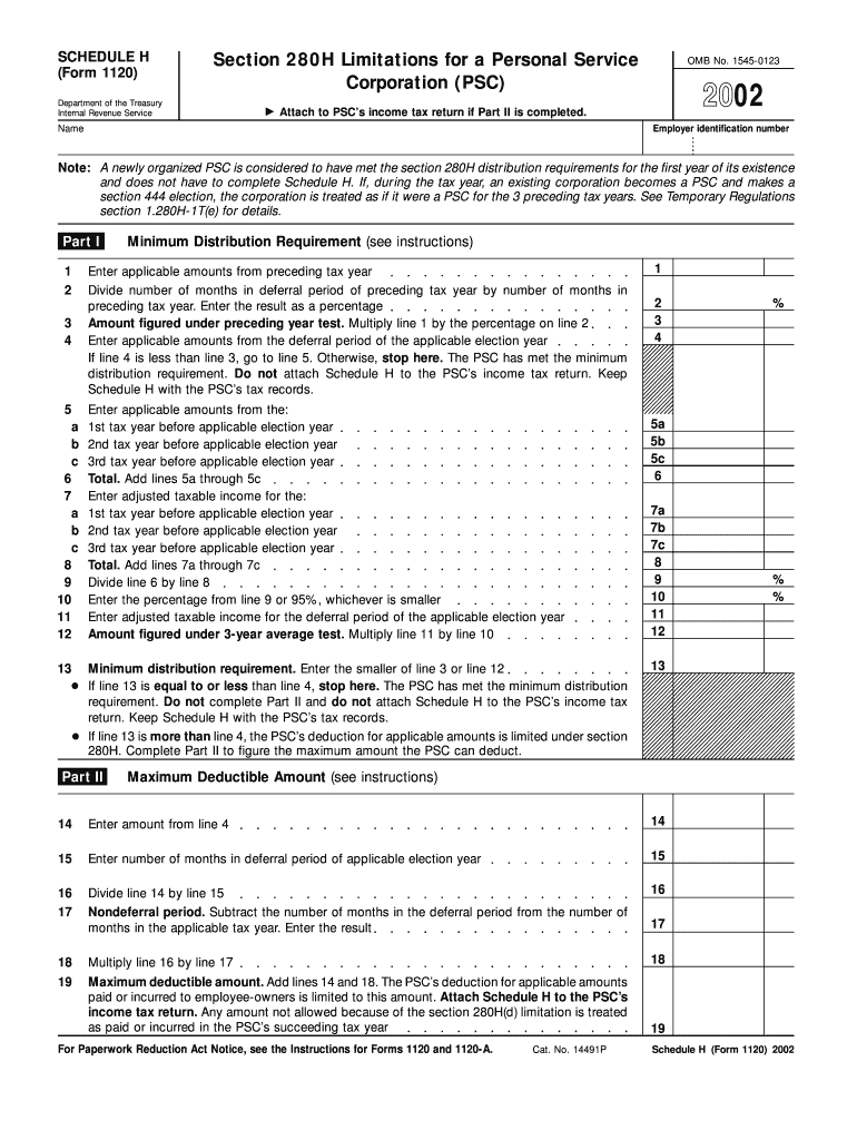 Schedule H Form 1120 Fill in Version Section 280H Limitations for a Personal Service Corporation PSC