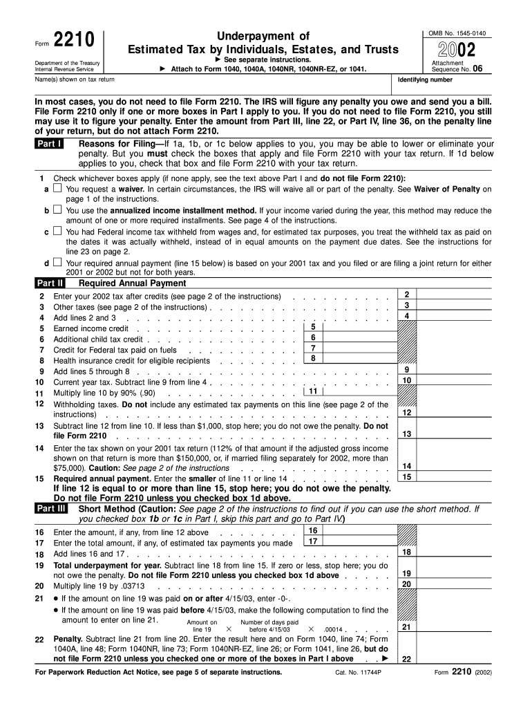 Form 2210 Fill in Version Underpayment of Estimated Tax by Individuals, Estates and Trusts