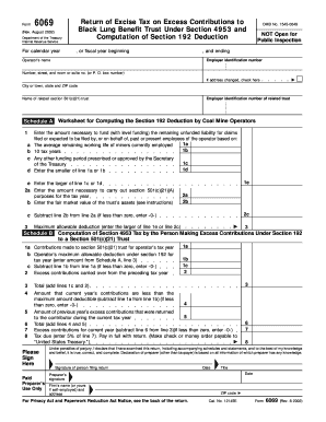 Form 6069 Rev August Fill in Version Return of Excise Tax on Excess Contributions to Black Lung Benefit Trust under Section 4953