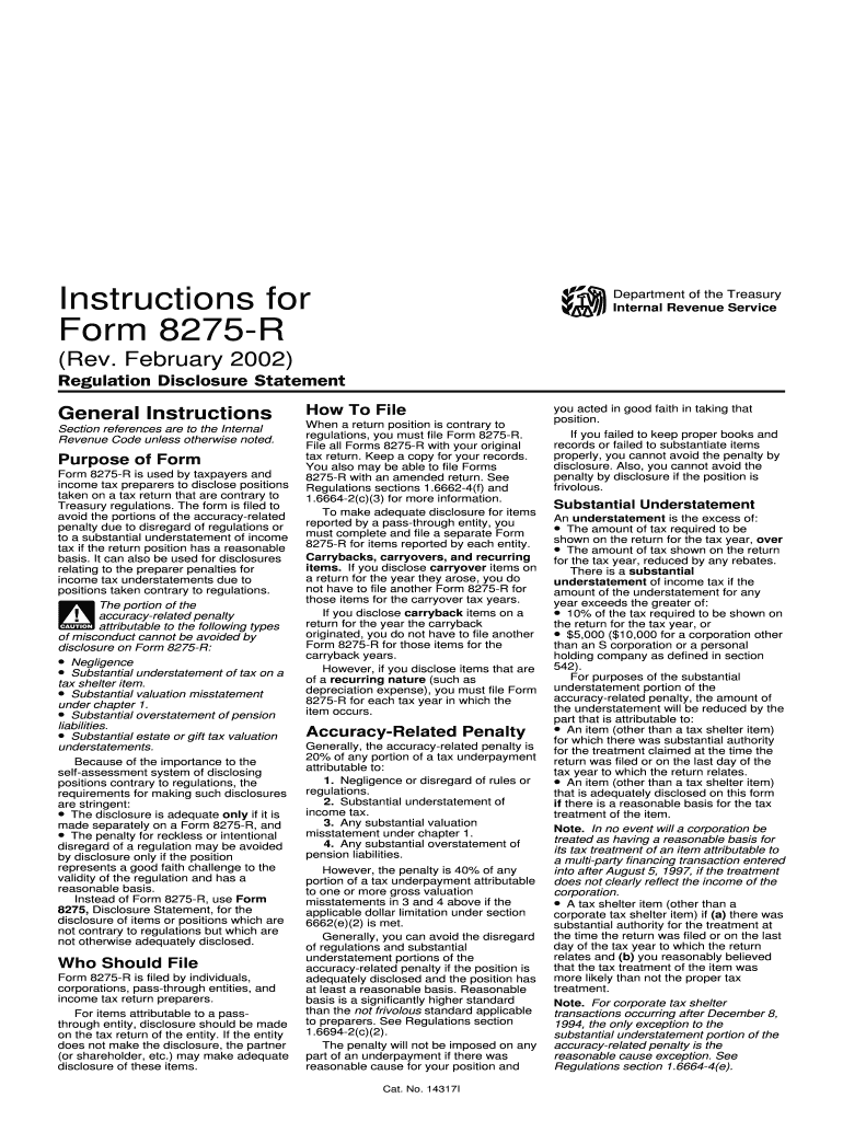 Instructions for Form 8275 R Rev February