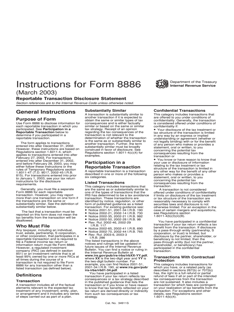 Instructions for Form 8886 Rev March Reportable Transaction Disclosure Statement