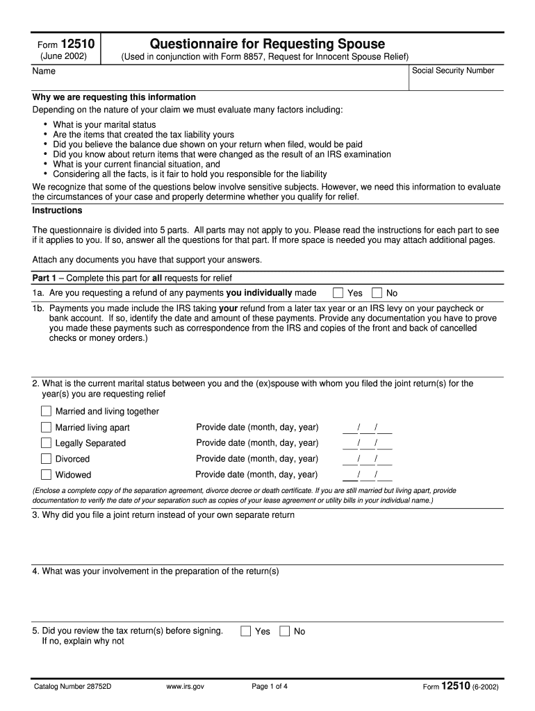 Form 12510 Rev June Fill in Version Questionnaire for Requesting Spouse