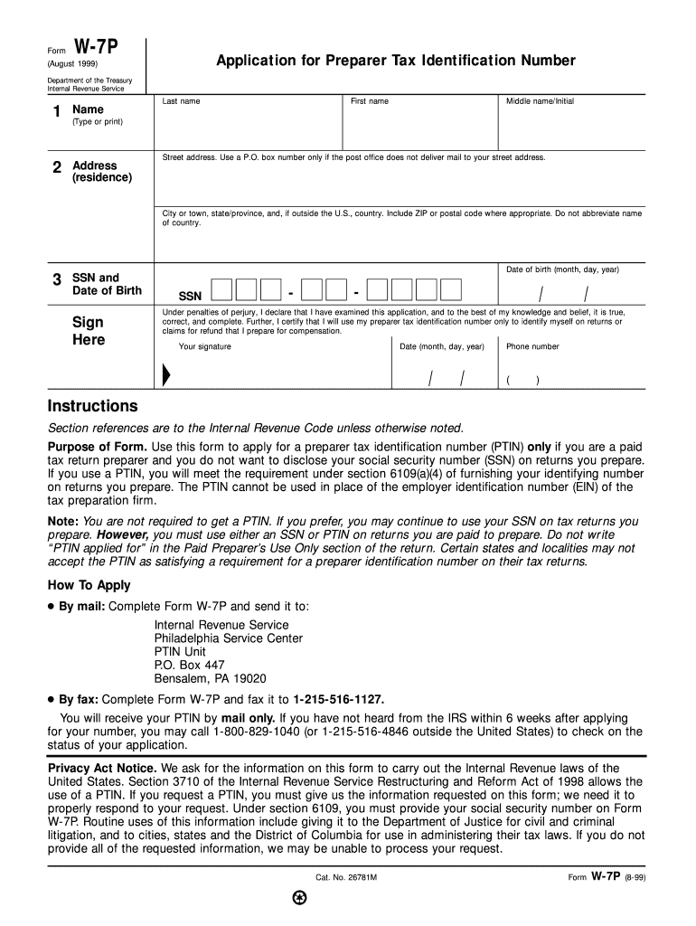 Form W 7P Rev August Fill in Version Application for Preparer Tax Identification Number