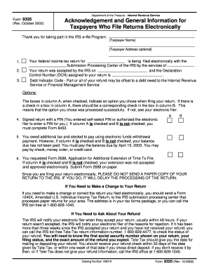 Form 9325 Rev October Acknowledgement and General Information for Taxpayers Who File Returns Electronically