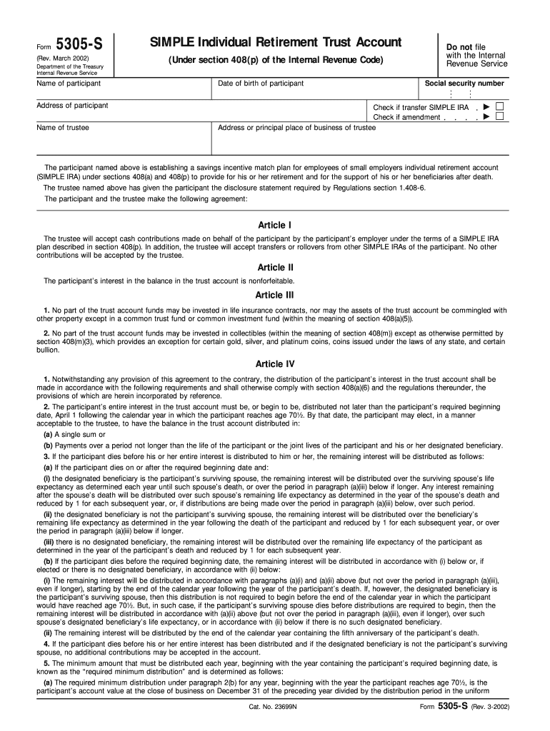 Form 5305 S Rev March   Internal Revenue Service