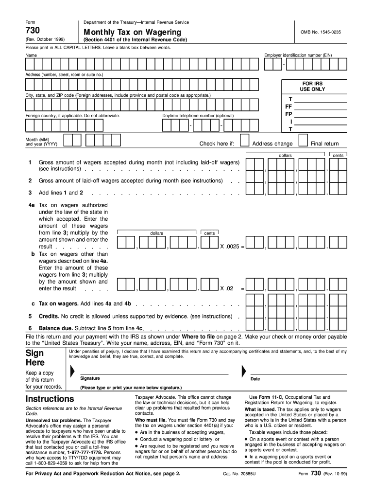 Form 730 Rev October , Fill in Version Tax on Wagering