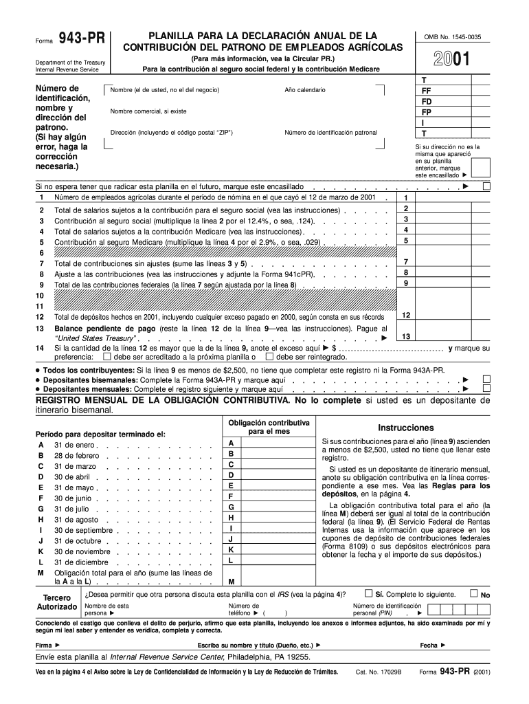 Form 943 PR Fill in Version Planilla Para La Declaracion Anual De La Contribucion Del Patrono De Empleados Agricolas