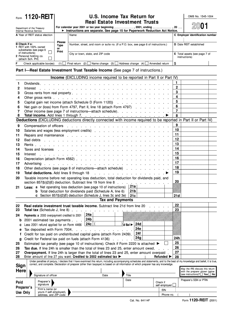 Income Tax Return for Real Estate Investment Trusts for Calendar Year or Tax Year Beginning , , Ending , 20 OMB No  Form