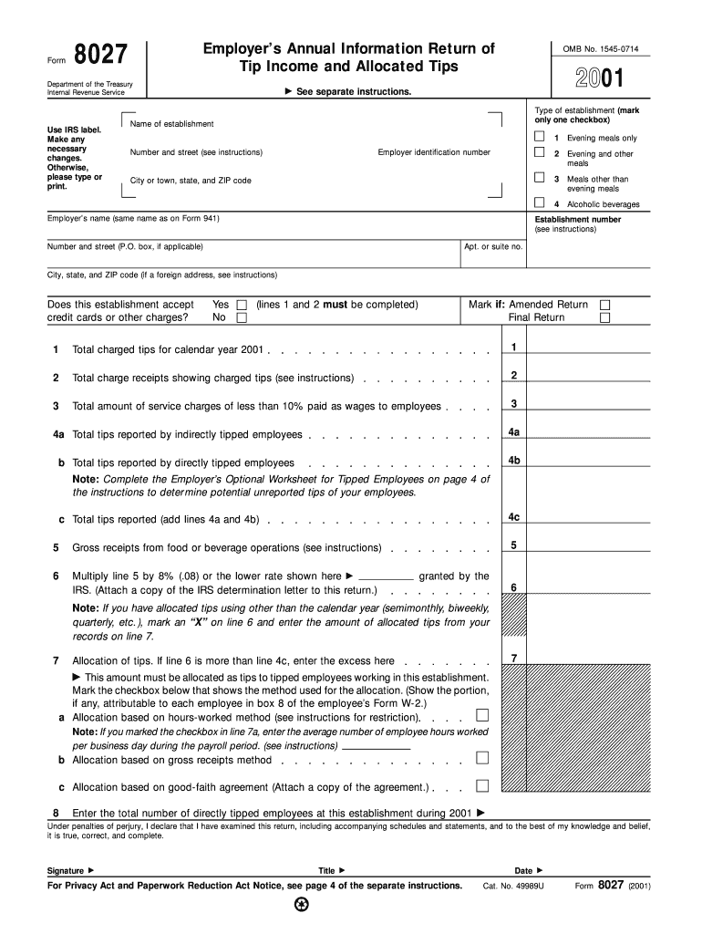 Form 8027 Fill in Version Employer&#039;s Annual Information Return of Tip Income and Allocated Tips