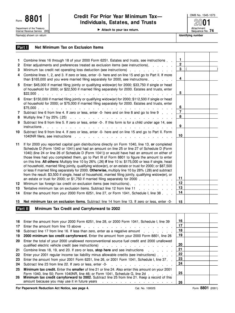 Form 8801 Fill in Version Credit for Prior Year Minimum Tax Individuals, Estates, and Trusts