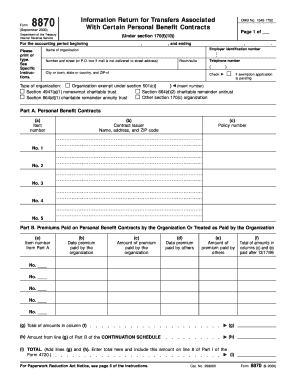 Form September 8870 Name of Organization Information Return for Transfers Associated with Certain Personal Benefit Contracts Und