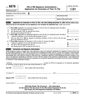 Form 8878 Department of the Treasury Internal Revenue Service IRS E File Signature Authorization Application for Extension of Ti