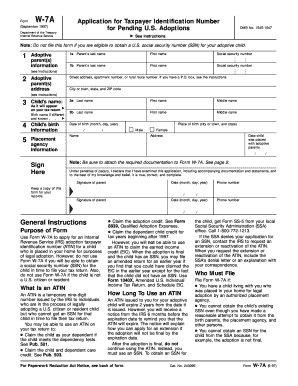 Form W 7A Rev September , Fill in Version Application for Taxpayer Identification Number for Pending U S Adoptions