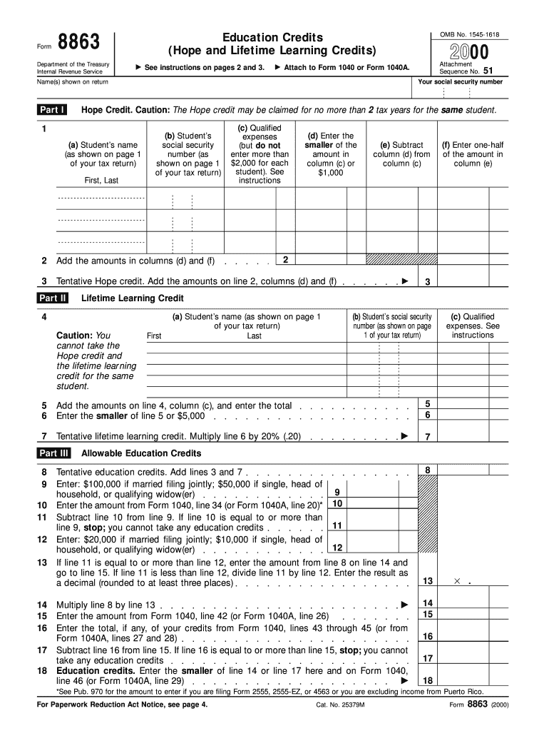 Form 8863 Education Credits Hope and Lifetime Learning Credits