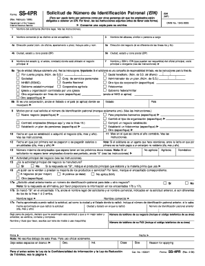 Form SS 4PR Rev February Espanol Solicitud De Numero De Identificacion Patronal EIN