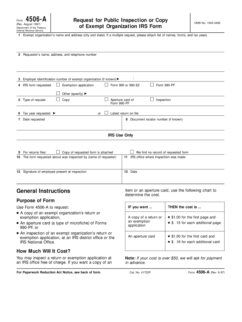 Form 4506 a Rev August  Request for Public Inspection or Copy of Exempt Organization IRS Form