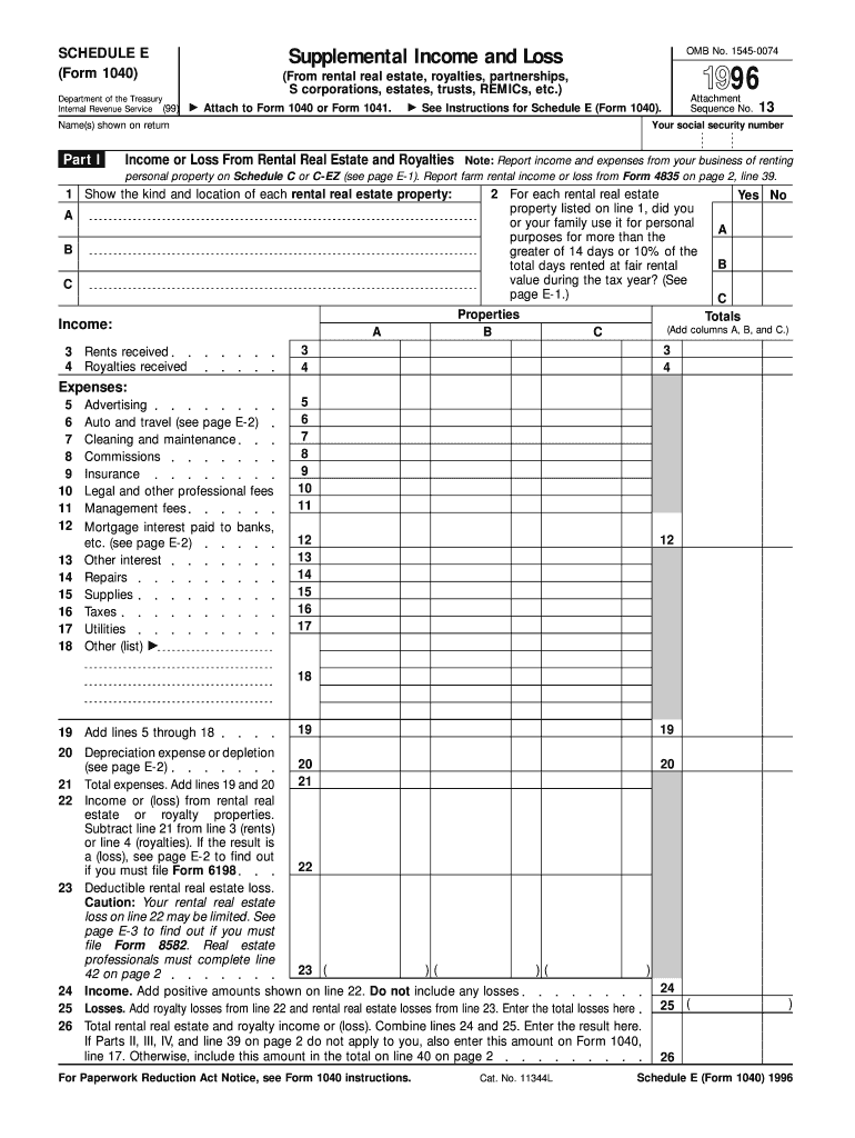 Form 1040 Schedule E Supplemental Income and Loss