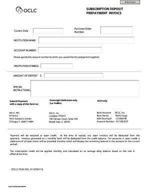 Subscription Deposit Account Form OCLC Oclc