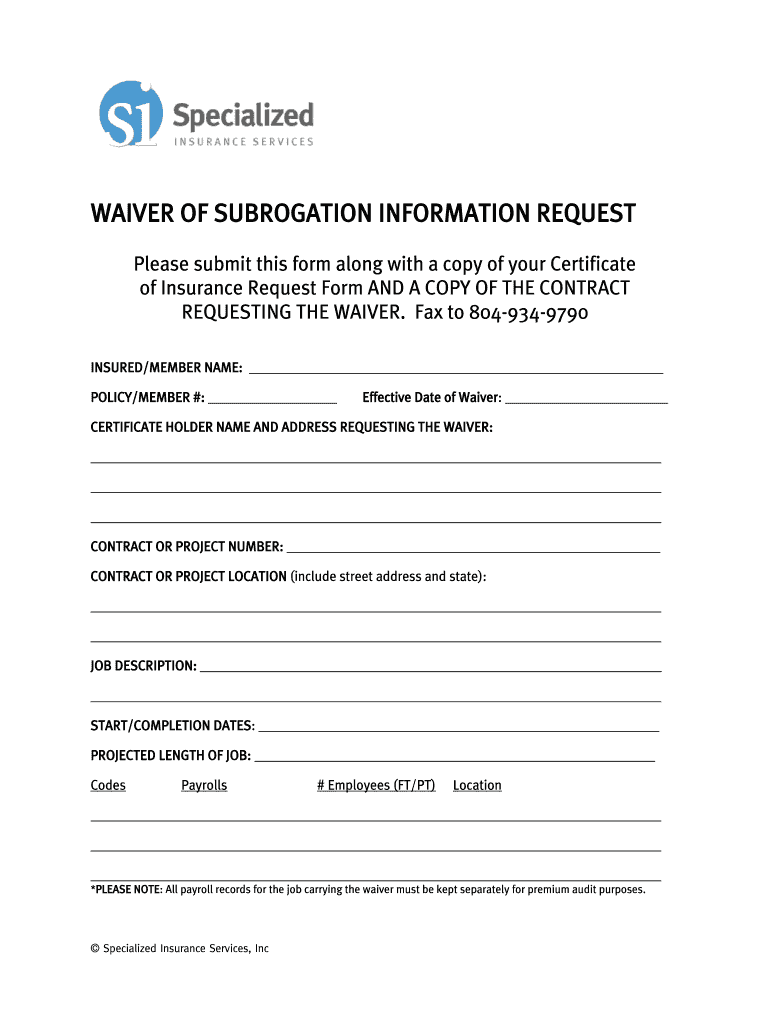 Waiver of Subrogation Form PDF