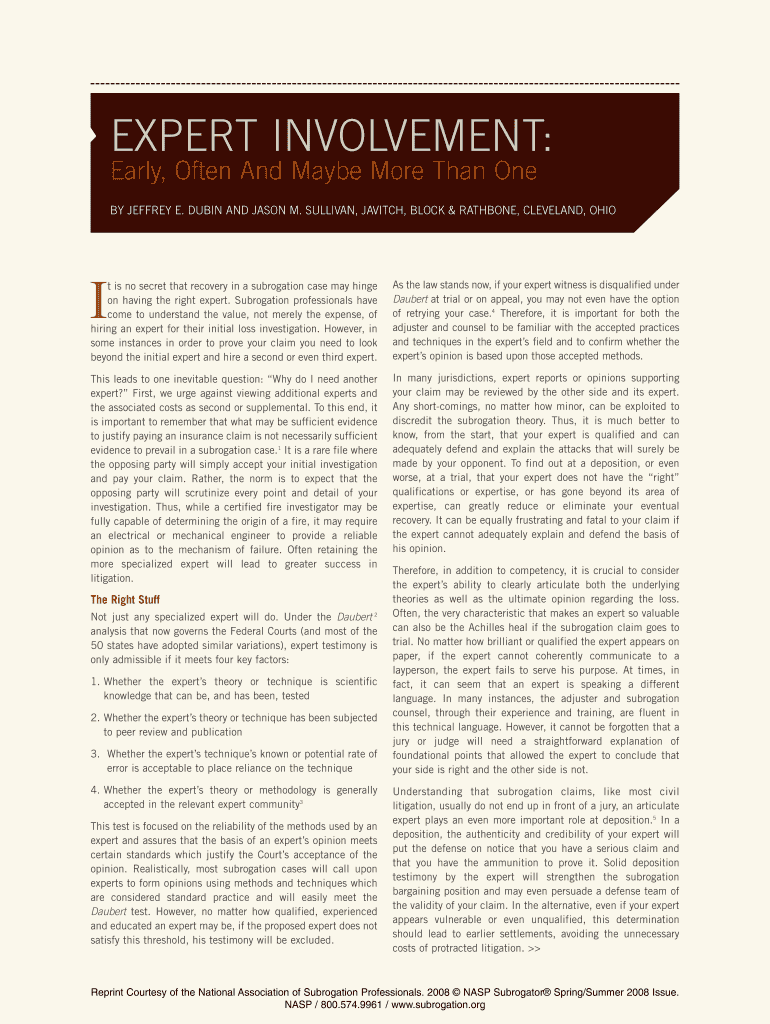 16376 NASP ArticleExpert Involvement the Form Will Be Use by the Adjuster to Identify Potentially Responsible Third Parties an