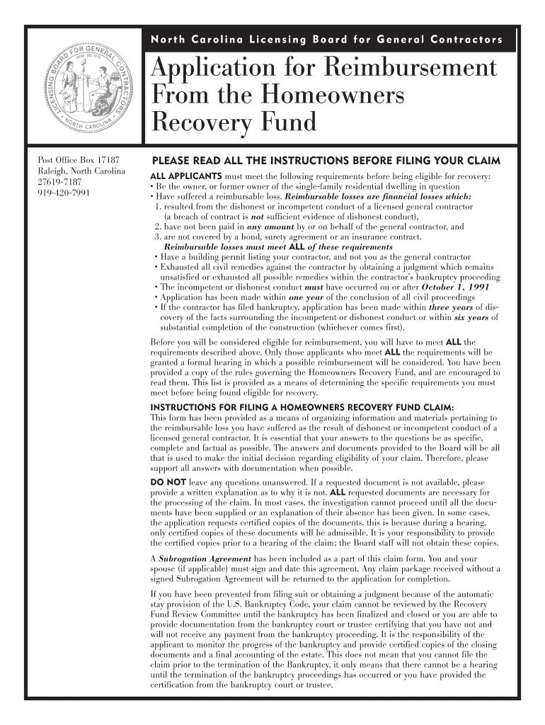 Get and Sign North Carolina Homeowners Recovery Fund  Form
