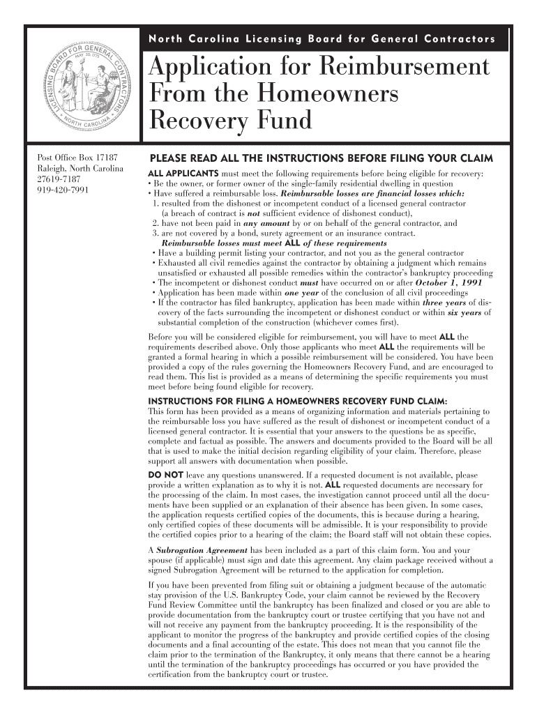 North Carolina Homeowners Recovery Fund  Form