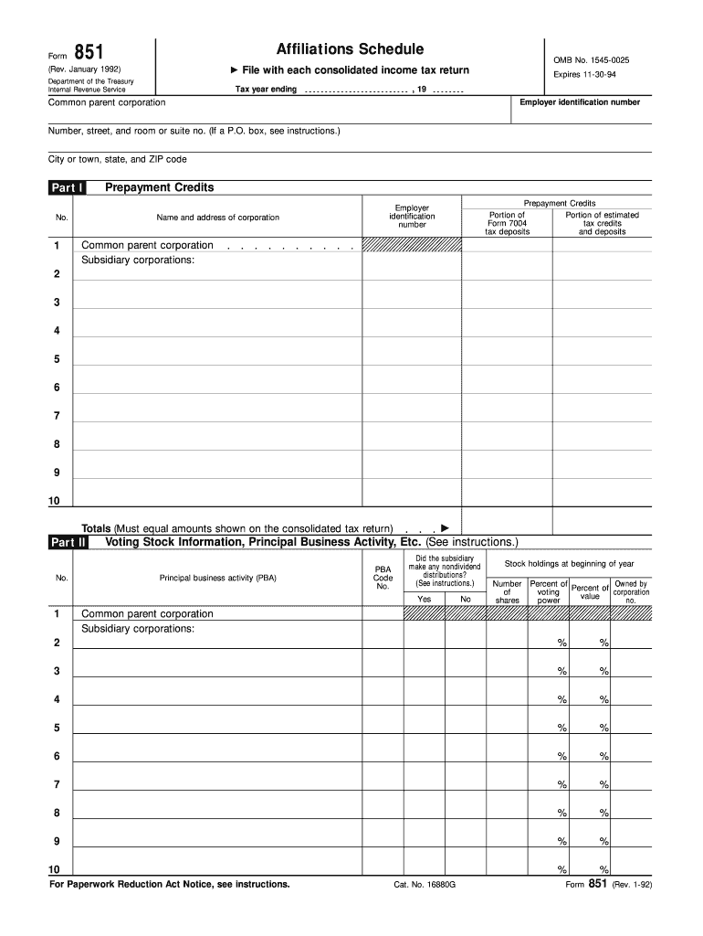  Form 851 Affiliations Schedule Fillable 1992