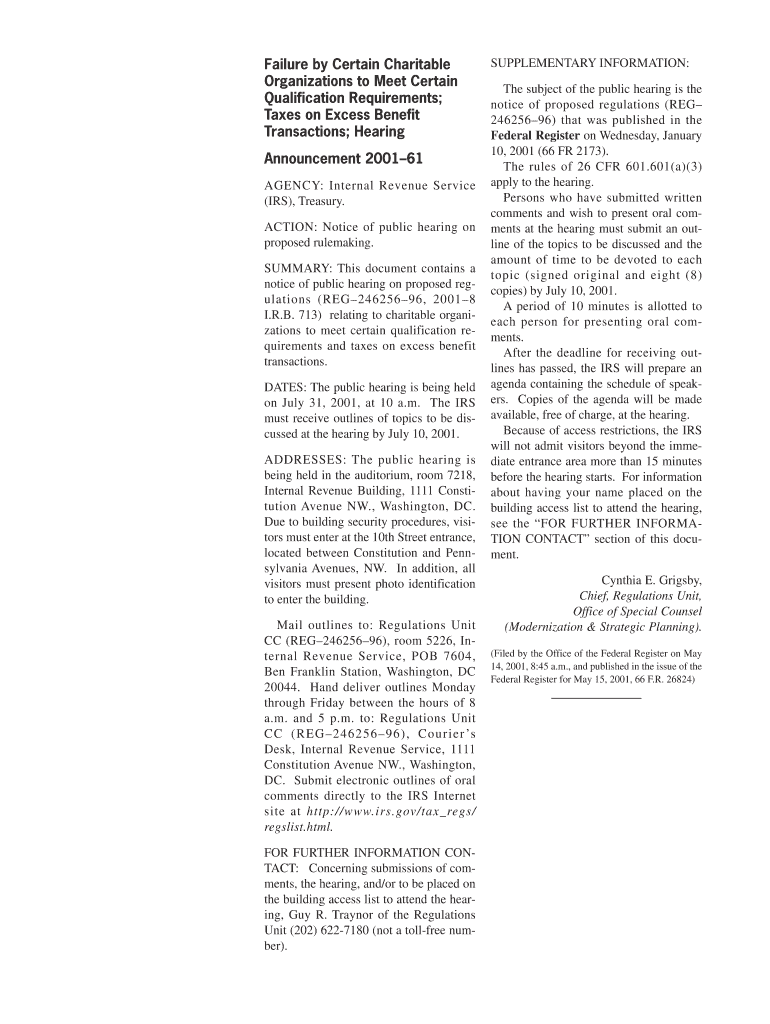 Announcement 61  Failure by Certain Charitable Organizations to Meet Certain Qualification Requirements; Taxes on Excess B  Form