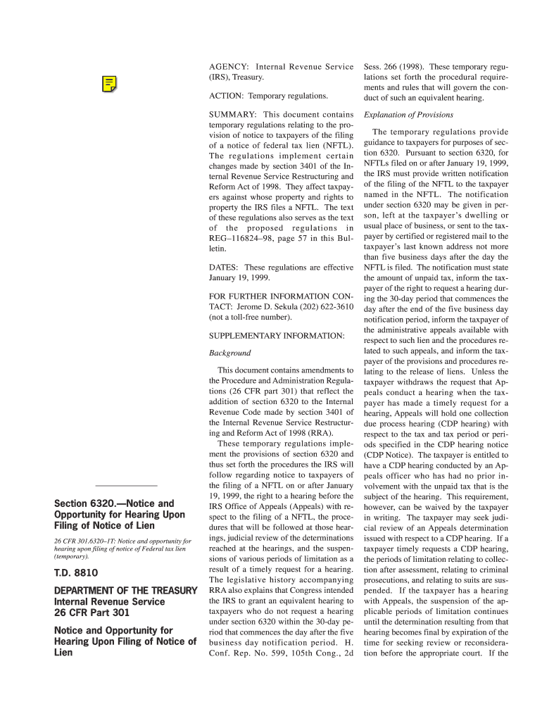 Treasury Decision 8810  Notice and Opportunity for Hearing Upon Filing of Notice of Lien Temporary and Proposed Regulations Un  Form