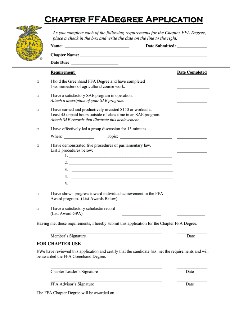 Greenhand Ffa Degree Application  Form