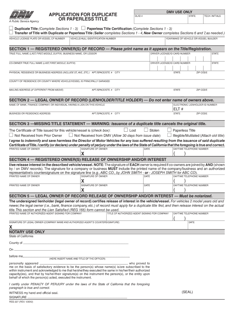  Calif Dmv Printable Forms Application for Duplicate or Paperless Title 2015